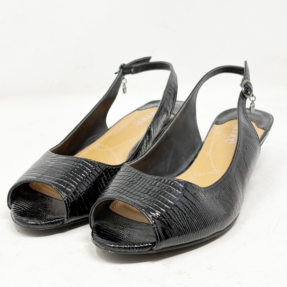 J. Renee Black Faux Lizard Peep Toe Slingback Kitten Heels Size 9M Classic